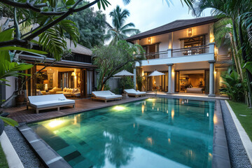 Fototapeta na wymiar Luxurious tropical pool villa with refined architecture in a lush greenery garden