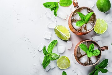 Moscow mule or mint julep in copper mug with lime ginger beer vodka and mint White table top view copy space - obrazy, fototapety, plakaty