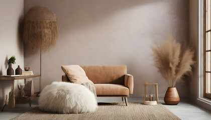 3d rendering of a minimal relaxed space with earthy tones and a beige sheepskin. Generative AI.