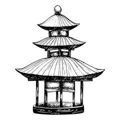 Vector pagoda house graphic black and white illustration. Traditional Japanese or Nepal architecture building of Asian culture