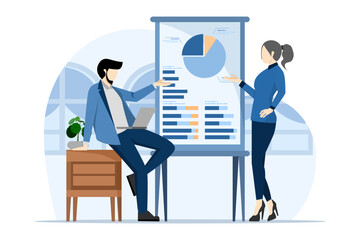 Concept of planning business strategy. The characters work in home offices and co-working spaces. analyzing financial charts People talking with colleagues, Vector illustration.