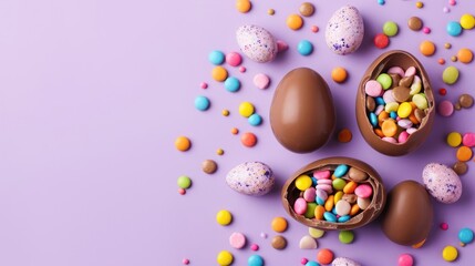 Fototapeta na wymiar Easter chocolate eggs with colorful candy on a lavender background, festive seasonal display. Space for text