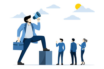 Fototapeta premium Giant businessman manager uses megaphone to order employees, dominant leader, bossy manager uses authority power to command and control employees to work, contrast and conflict management concept.