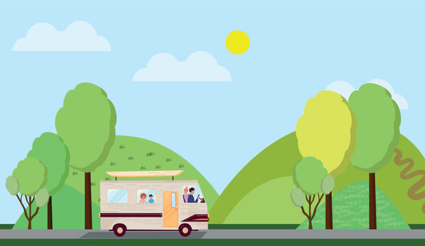 Family trip in a motorhome with children. Vector image of traveling in your area, towards adventures.
