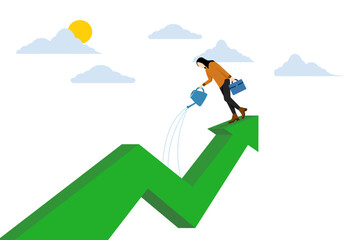 Thriving business concept, happy businessman pouring water carefully to grow company growth arrow, investment growth or prosperity, growth or accumulation of wealth, asset price increase concept.