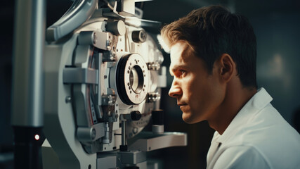 A man attentively undergoing an eye exam with modern equipment