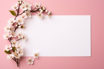 Obraz premium Photo of blank white paper with flower on pink background, copy space, high quality, high resolution, 8k with generative ai