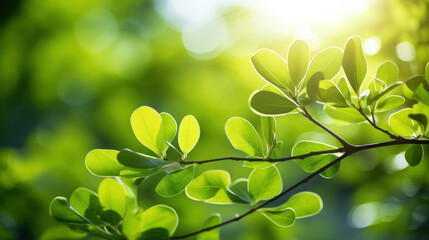 Backlit green leaves on a branch against a soft-focused natural background, signifying growth and freshness.