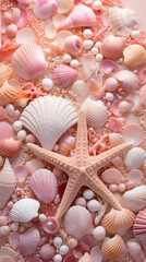A collection of diverse seashells and a starfish arranged on a pink background, ideal for summer and marine themes.