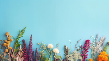 Fototapeta na wymiar A variety of dried flowers spread across a vibrant blue backdrop for design space.