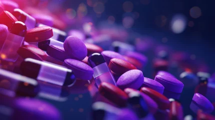 Poster Colorful capsules in motion, with a dynamic purple and blue neon light background. © red_orange_stock