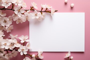 Naklejka na ściany i meble Photo of blank white paper with flower on pink background, copy space, high quality, high resolution, 8k with generative ai