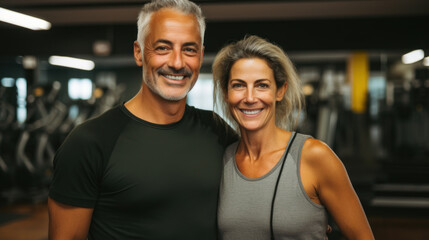 Fototapeta na wymiar Active and healthy senior couple smiling together in a gym setting, showcasing their fitness.
