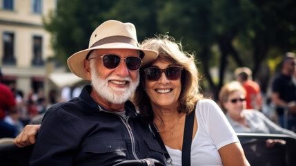 Obraz premium Senior couple wearing sunglasses and hats smiling happily while sitting in an outdoor setting.