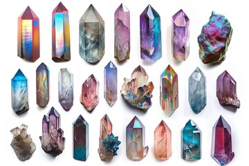 Clipart set collection on a white background of photographs of highly detailed individual pearl iridescent quartz crystal points