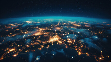 Digital illustration of a global network connectivity with glowing nodes and earth atmosphere. - obrazy, fototapety, plakaty