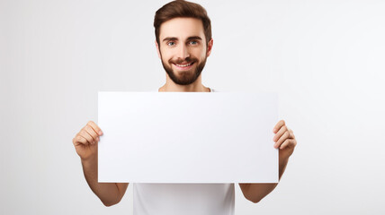 a handsome man holding a blank placard sign poster paper in his hands