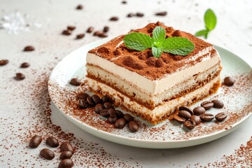 Delicious Tiramisu cake with coffee beans and mint on a plate on a light background