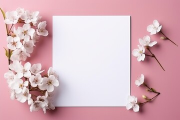 Photo of blank white paper with flower on pink background, copy space, high quality, high resolution, 8k with generative ai