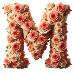 The letter M is made out of rose flowers, the Rose Alphabet, and Valentine Designs, on a White background, isolated on white, photorealistic 