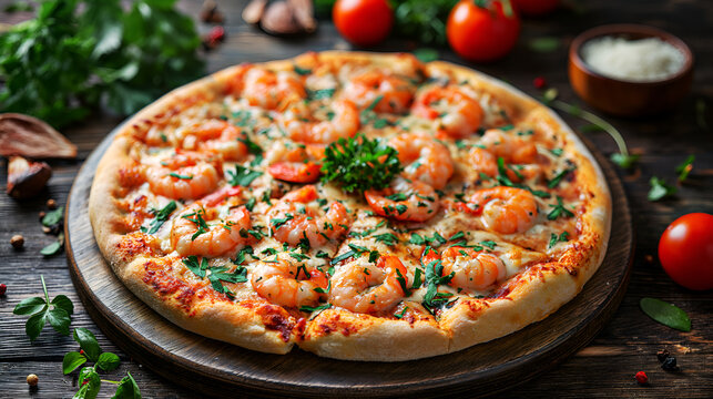 seafood pizza on a wooden board
