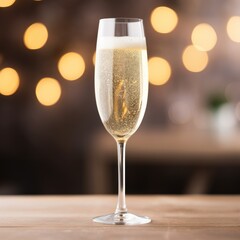 pour champagne in glass. champagne glasses over Holiday Bokeh Blinking background