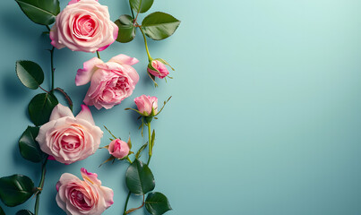 Rose Flowers on a Serene Blue Background with Copy Space, Generative AI