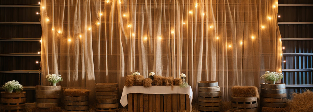 a rustic theme with a barnyard backdrop. wooden pallets, burlap, and mason jars filled with wildflowers.