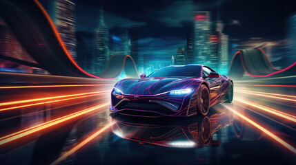 A sci-fi style supercar is driving on the streets of the night city