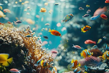 Obraz na płótnie Canvas Ultra realistic photo of Glass fish and other tropical species moving above coral reef. eco friendly interior concept, atmospheric, cinematic, high definition, depth of field, 8K, 