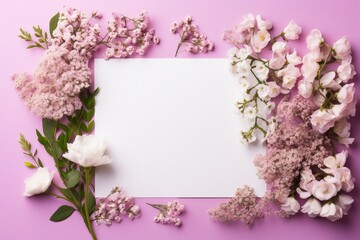 Photo of blank white paper with flower on pink background, copy space, high quality, high resolution, 8k with generative ai