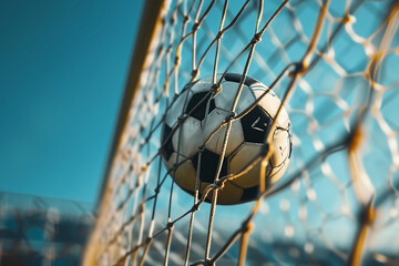 A closeup shot of a football entering a goal - Generative AI