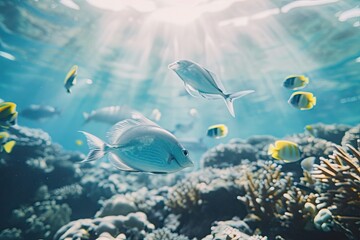 Fototapeta na wymiar Ultra realistic photo of Glass fish and other tropical species moving above coral reef. eco friendly interior concept, atmospheric, cinematic, high definition, depth of field, 8K, 