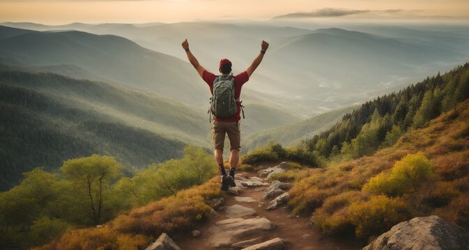 Man With Arms Up Jumping On The Top Of The Mountain