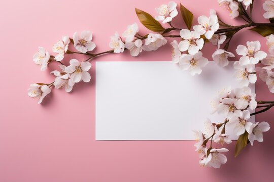 Photo of blank white paper with flower on pink background, copy space, high quality, high resolution, 8k with generative ai