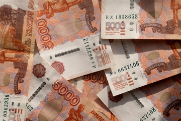 Close-up of Russian banknotes. Five thousand bill. Close-up