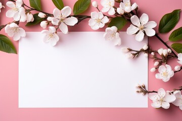 Obraz premium Photo of blank white paper with flower on pink background, copy space, high quality, high resolution, 8k with generative ai