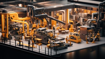 A modern factory with yellow and black machines and some workers