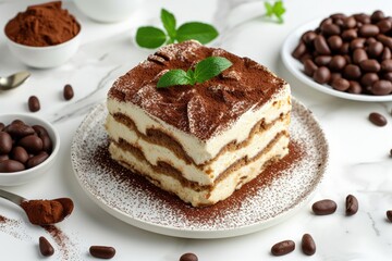 Tiramisu cake dessert made with savoiardi over white marble