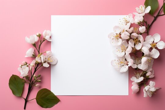 Photo of blank white paper with flower on pink background, copy space, high quality, high resolution, 8k with generative ai
