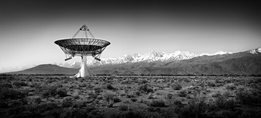 Black and White photo of a Satellite in the California Desert - obrazy, fototapety, plakaty