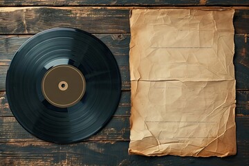Vinyl music disc mockup retro LP template Old vinyl record cover package Black scratched shabby cardboard texture - obrazy, fototapety, plakaty