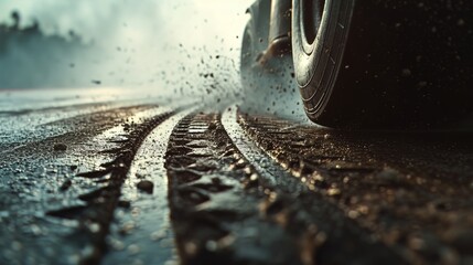 A closeup of the tire tread digging into the track leaving behind a trail of burnt rubber as the...