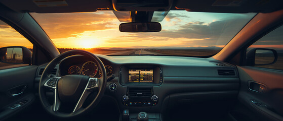 Looking out the window at the beautiful sunset from the car, the car is moving