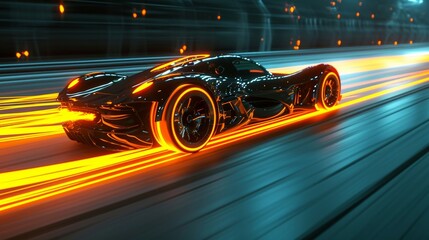 As the car speeds down the track the neon orange racing stripe glows brightly leaving a trail of...