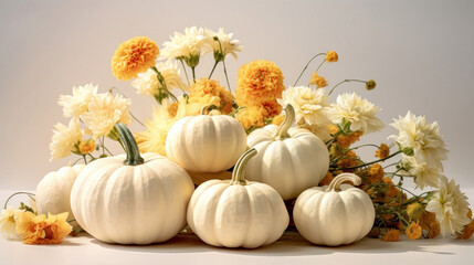 Obraz na płótnie Canvas An elegant arrangement of white pumpkins and yellow flowers, creating a harmonious autumnal display for decorations or events.