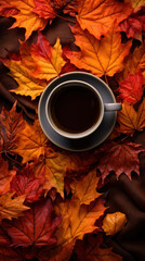 Top-down view of a warm coffee cup surrounded by vibrant autumn leaves, perfect for cozy fall themes.