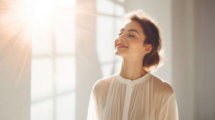 Joyful woman basking in the natural sunlight indoors, with a serene and content expression.