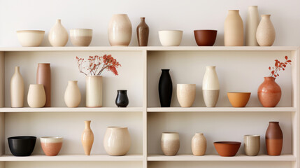 Fototapeta na wymiar Stylish and minimalist ceramic vases collection on white shelves, showcasing various shapes and textures.