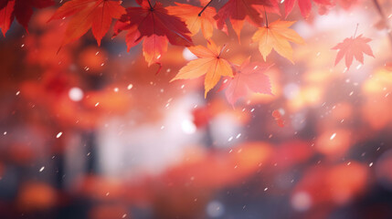 Red autumn leaves falling gently against a blurred background, capturing the essence of fall's tranquility.